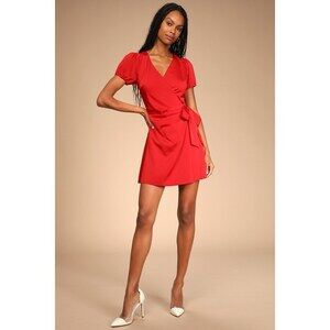 Lulus Latest Love Red Satin Puff Sleeve Wrap Mini Dress - Size XL
